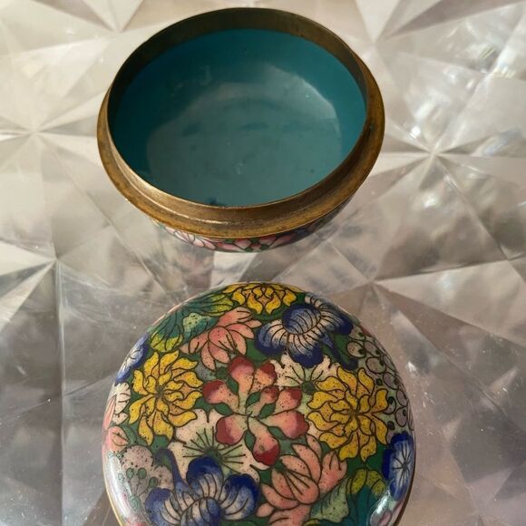 Cloisonné Bird Egg Blue Enamel Floral Vintage Trinket Round Box - Picture 6 of 11
